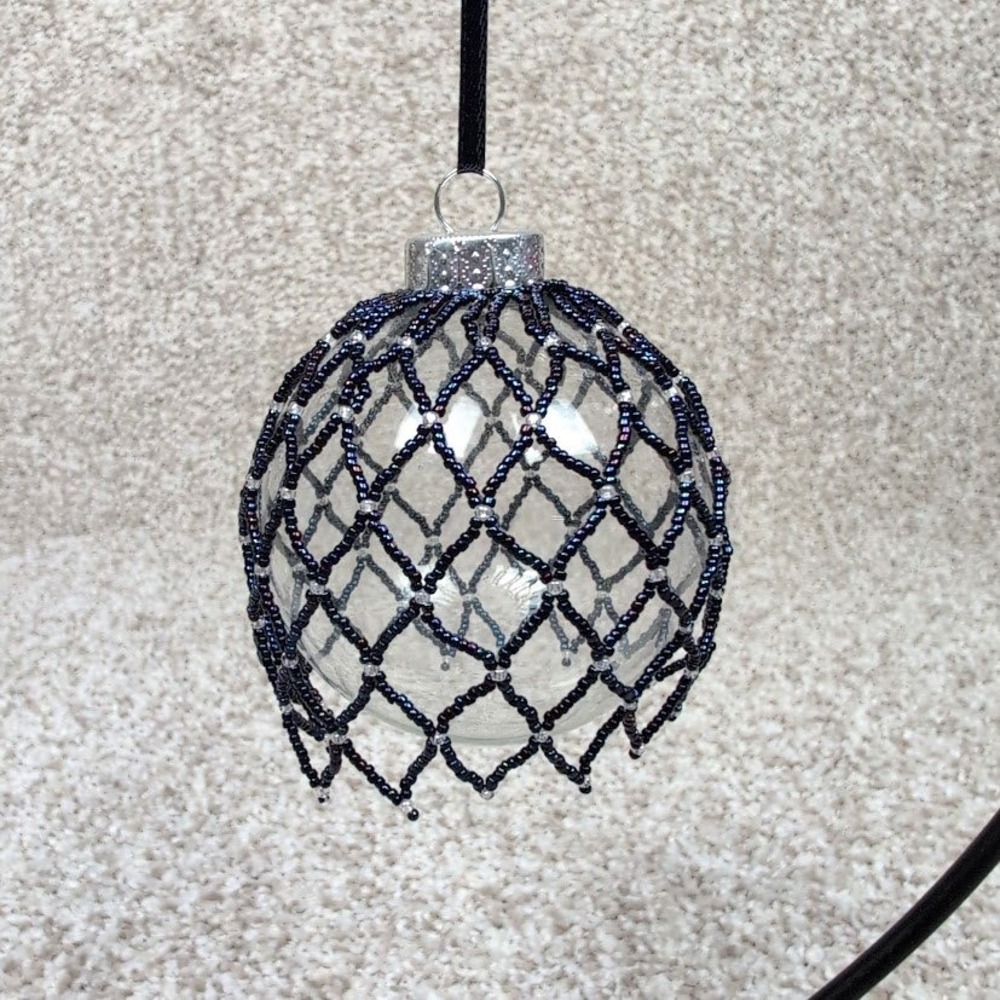 Handmade Beaded Clear Plastic Christmas Ornament Festive Holiday Decor Ball Navy